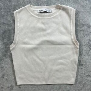 ZARA Knit Top Women Size Medium Cream Cropped Sleeveless Ribbed Vest Fashion